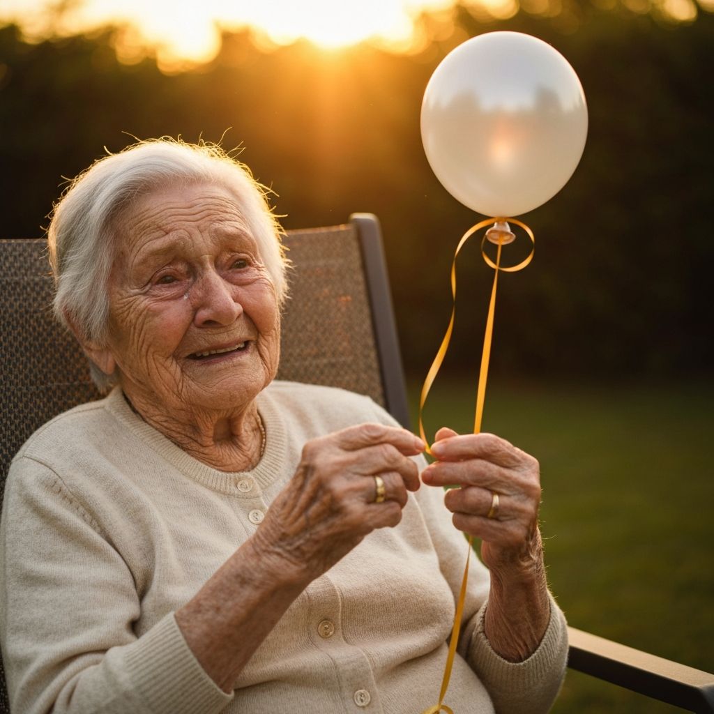 Abuela emocionada sosteniendo un globo blanco de regalo