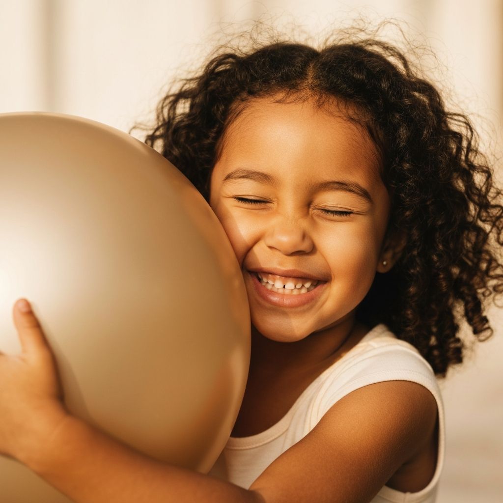 Nina abrazando un globo dorado con una gran sonrisa